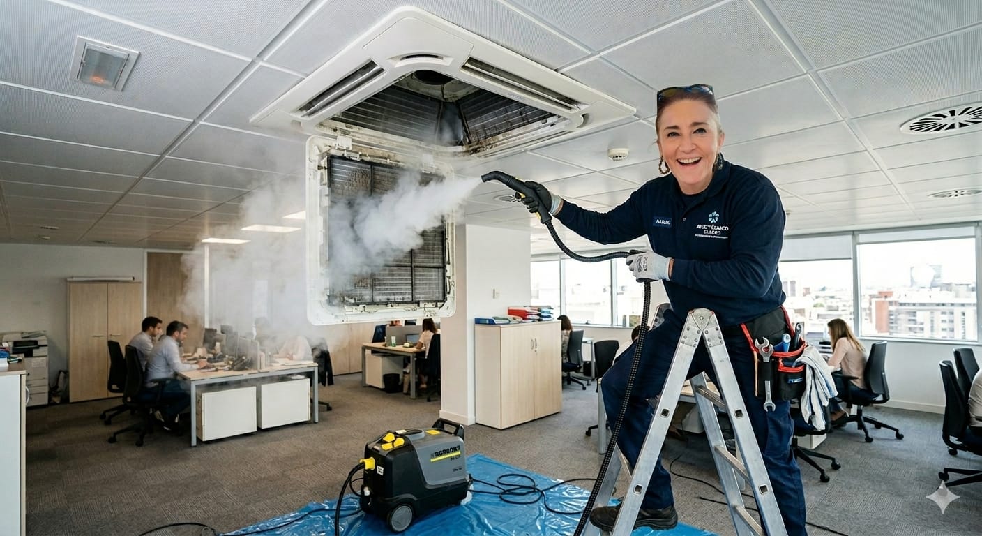 Técnica de ISIBAC realizando mantenimiento profesional de aire acondicionado